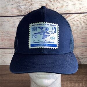 Mens EUC Two Dove Navy Blue Trucker Hat with Dove Stamp Patch